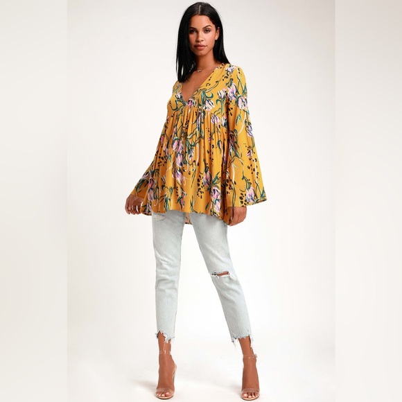Free People Bella Golden Yellow Floral Print Tunic - Picture 3 of 10